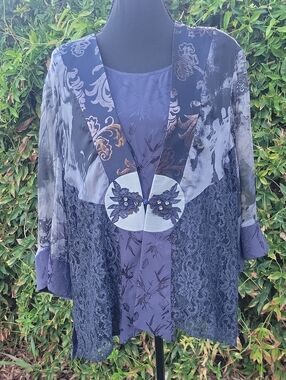 Vintage Violet Kay Two Piece Layered Lace & Jacquard Patchwork Kimono & Tank XL